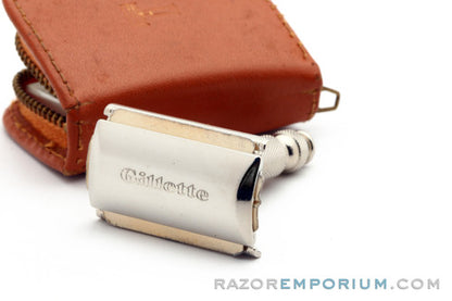 1965 Gillette Travel Tech Safety Razor Brown Leather Case K1
