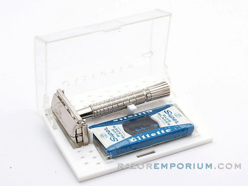 1960 F2 Regular Super Speed Flair Tip DE Safety Razor Set Nickel w/ White Case & Blade Bank