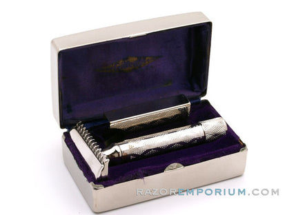 1930's Gillette New Deluxe Belmont DE Safety Razor w/ Metal Case & Blade Bank | Rhodium Revamp