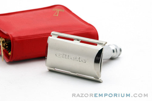 1968 Gillette N3 Travel Tech Safety Razor Red Leather Case