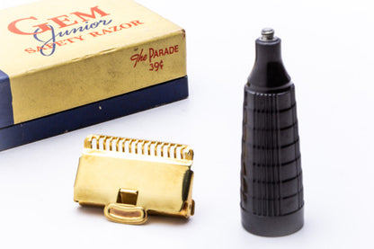 1940's Gem Junior Gold Black Fat Handle Single Edge Safety Razor Set with Original Case