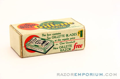 1930's Gillette Goodwill Ball End Gold DE Safety Razor Made in Canada w/ Box and Blades
