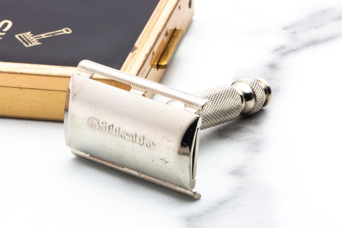 1964 J4 Gillette "His" Ball End Travel Double Edge Safety Razor Set | Original Condition