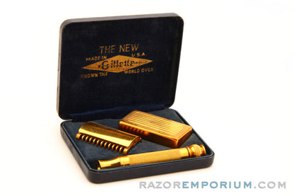1930's Gillette Regent Gold Ball End Old Type Style DE Razor in Black Leather Case