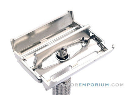 1960 F2 Regular Super Speed Flair Tip DE Safety Razor Set Nickel w/ White Case & Blade Bank