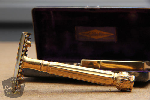 Gillette 1909 Gold ABC Pocket Edition Lined Handle - Old Type Open Comb DE Razor Set