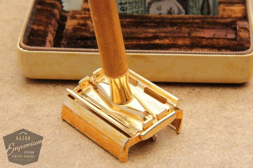 Gillette 1947 Notched Milord Gold Safety Razor DE w/ Leather Case
