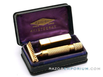 1948 Gillette Gold Aristocrat No. 15 DE Safety Razor w/ Case & Blade Bank