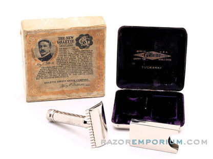 1920's Gillette New Improved Tuckaway Style Travel DE Safety Razor Set w/ Case & Blade Bank