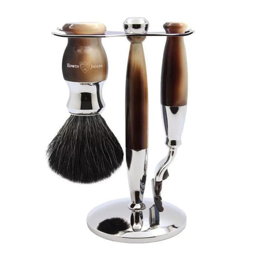Edwin Jagger | 37 Range 3pc Gillette® Mach3® Razor Shaving Set Imitation Light Horn (Black Synthetic)