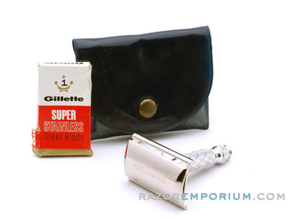 1970 P2 Gillette Ball End Tech Travel Spiral Handle Razor Marcus Regs w/ Blades & Case