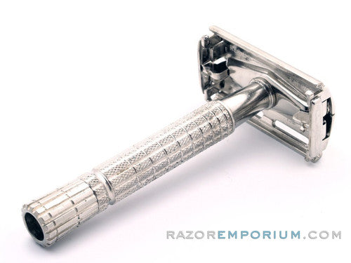 1959 E1 Flare Tip Super Speed DE Safety Razor Set Nickel w/ White Case & Blade Bank