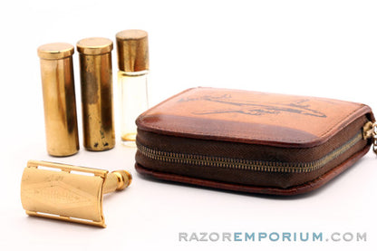 1947-51 Gillette Gold Ball End Travel Tech Safety Razor Set in Leather Zip Pouch