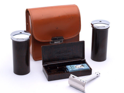 1940's Gillette Ball End Tech Combination Travel Set | Brown Leather Case | Made in England