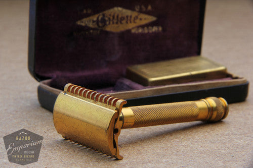 Gillette 1930's Goodwill Era Gold DE Razor Set w/ Blade Bank