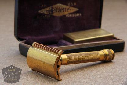 Gillette 1930's Goodwill Era Gold DE Razor Set w/ Blade Bank