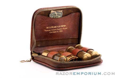 1947-51 Gillette Gold Ball End Travel Tech Safety Razor Set in Leather Zip Pouch