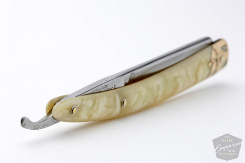 5/8" Dubl Duck Pearlduck Goldedge Straight Razor w/ Original Gold Inlay Celluloid Scales | Solingen, Germany