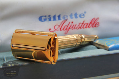 Gillette 1960 Gold Toggle Adjustable DE Safety Razor Set w/ Case & Instructions - F4