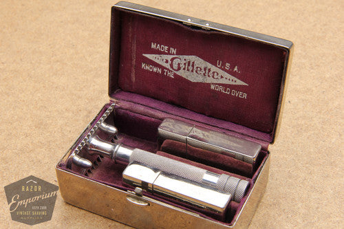 Gillette 1921 Silver Single Ring Old Type Set in Metal Case w/ Blade Banks