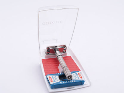 1964 J3 Gillette Slim Adjustable Safety Razor Nickel w/ Red Case & Blade Bank