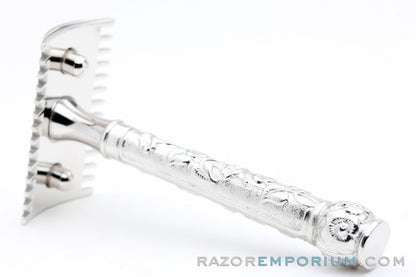 1911 Gillette ABC Pocket Edition Floral Handle - Old Type Open Comb DE Razor Set | Rhodium Revamp