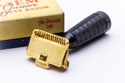 1940's Gem Junior Gold Black Fat Handle Single Edge Safety Razor Set with Original Case