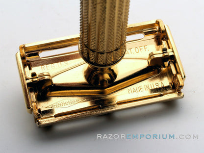 1948-1951 Gillette Aristocrat DE Safety Razor w/ Original Leather Case, Box, & Blades * 24K Gold - New Old Stock - MINT