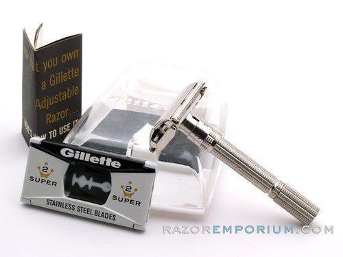 1968 N4 Gillette Slim Adjustable Double Edge Safety Razor Set w/ Case & Blade Bank