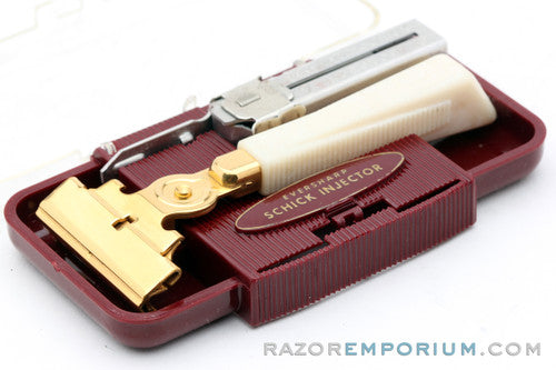 1960's Eversharp Schick Gold Injector with Cream Bakelite Handle & Maroon Case