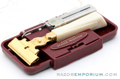 1960's Eversharp Schick Gold Injector with Cream Bakelite Handle & Maroon Case