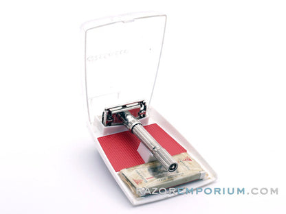 1964 J2 Gillette Slim Adjustable Safety Razor Nickel w/ Red Case & Blade Bank
