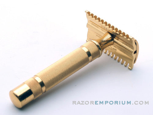 1930's Gillette Gold NEW Short Comb Ball End DE Safety Razor Set w/ Orig. Case & Blades