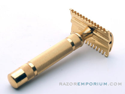 1930's Gillette Gold NEW Short Comb Ball End DE Safety Razor Set w/ Orig. Case & Blades