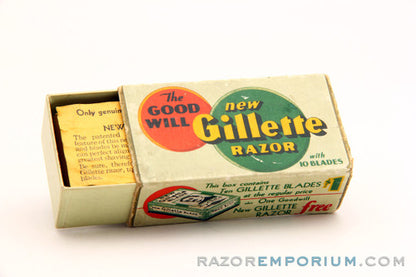 1930's Gillette Goodwill Ball End Gold DE Safety Razor Made in Canada w/ Box and Blades