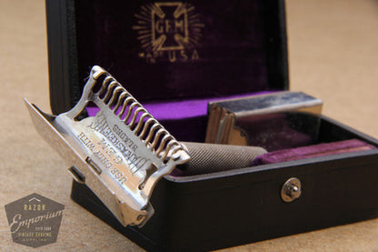 Gem 1912 Style Single Edge Safety Razor in Black / Purple Leather Case