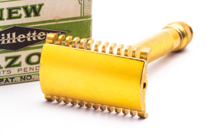 1930's Gillette Gold NEW Long Comb Ball End Double Edge Safety Razor Set  | Original Condition