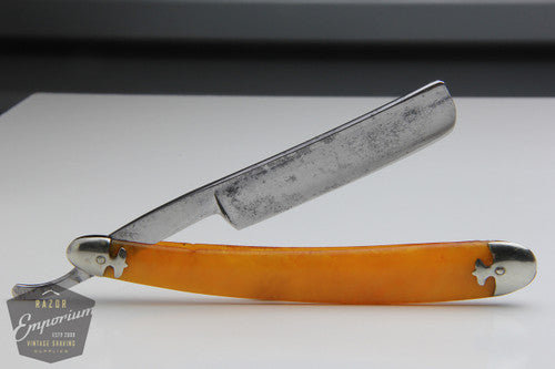 5/8" Blue Steel Hollow Grind Straight Razor w/ Yellow Celluloid Scales