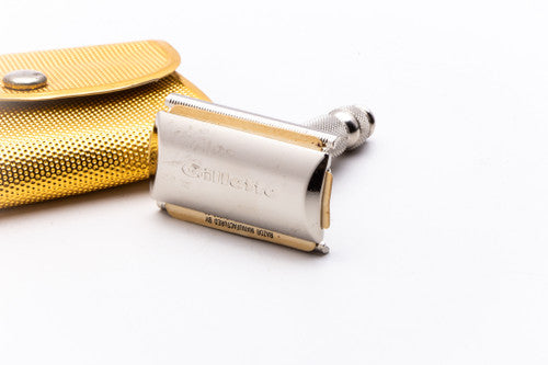 Gillette Ball End Tech Three Piece Travel Razor With Gold Case