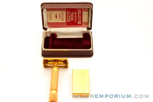 1940's Gillette Gold Aristocrat Double Edge in Maroon Case w/ Box Excellent