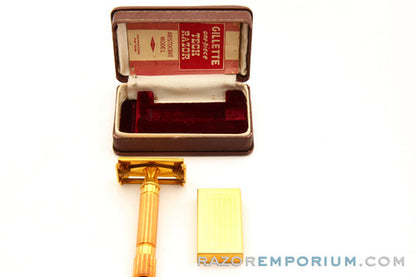 1940's Gillette Gold Aristocrat Double Edge in Maroon Case w/ Box Excellent