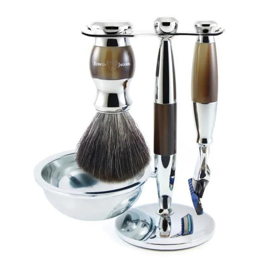 Edwin Jagger | Gillette® Fusion® ProGlide® Razor Shaving Set Imitation Horn & Chrome 4pc (Black Synthetic)