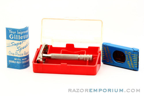 1940's Super Speed DE Safety Razor Set Nickel w/ Red Case & Blade Bank & Instructions