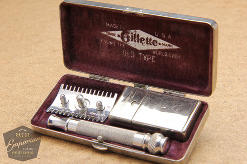 Gillette 1924 Silver Basketweave Pocket Edition - Old Type Open Comb DE Razor Set