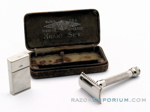 1910's Gillette Khaki Service Set Ball End Old Type w/ Case & Blade Bank
