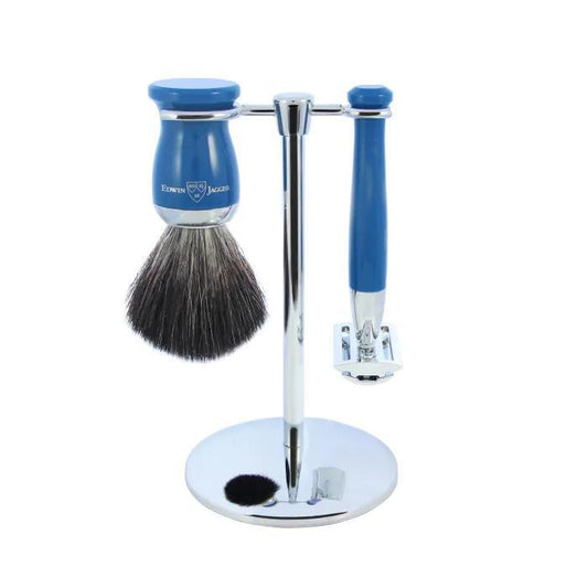 Edwin Jagger | Double Edge Safety Razor Shaving Set Blue 3pc (Black Synthetic)