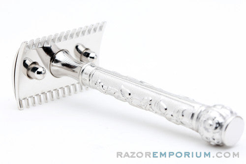 1911 Gillette ABC Pocket Edition Floral Handle - Old Type Open Comb DE Razor Set | Rhodium Revamp