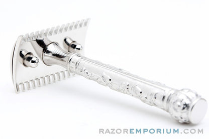1911 Gillette ABC Pocket Edition Floral Handle - Old Type Open Comb DE Razor Set | Rhodium Revamp