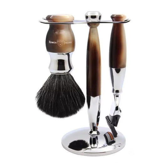 Edwin Jagger | 37 Range 3pc Gillette® Fusion® Razor Shaving Set Imitation Light Horn (Black Synthetic)