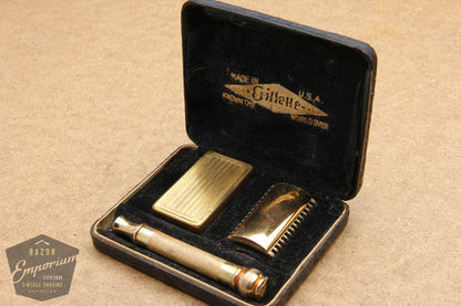 Gillette 1930's Gold Ball End Old Type Style DE Razor in Black Leather Case